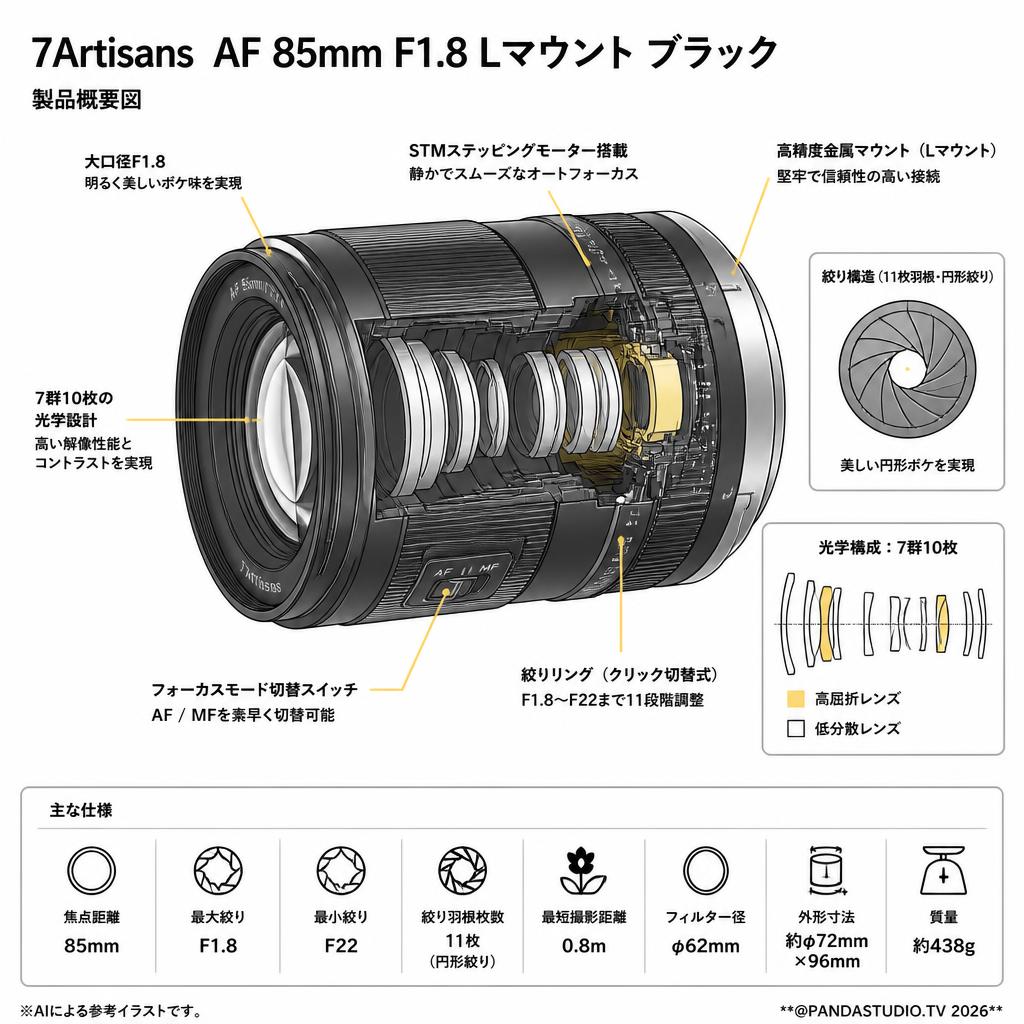 7Artisans  AF 85mm F1.8 Lマウント ブラック スペック