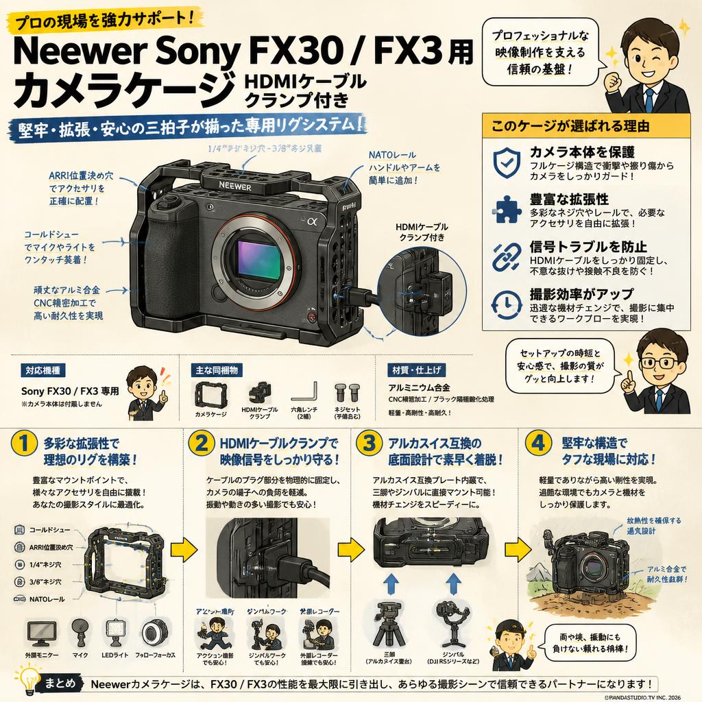 Neewer Sony FX30 / FX3 用カメラケージ HDMIケーブルクランプ付き 概要