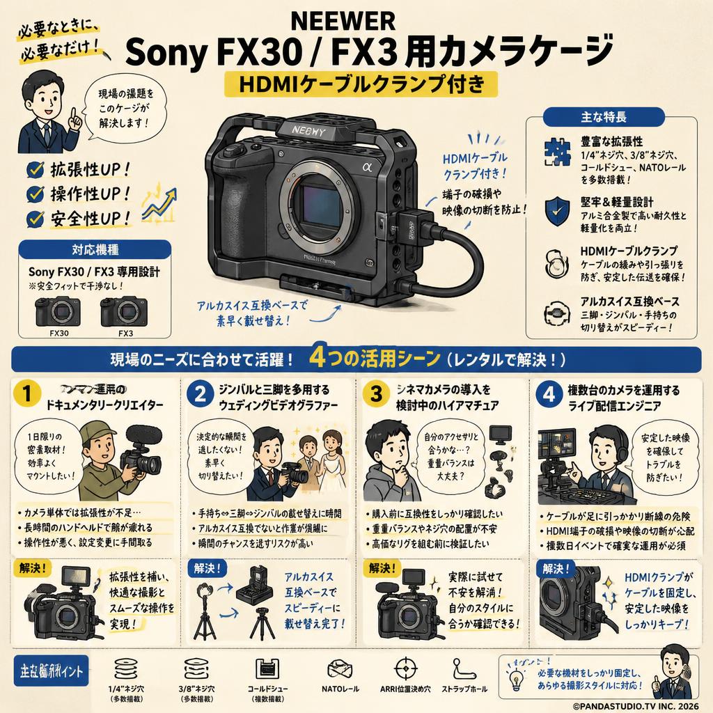 Neewer Sony FX30 / FX3 用カメラケージ HDMIケーブルクランプ付き おもな対象のお客様