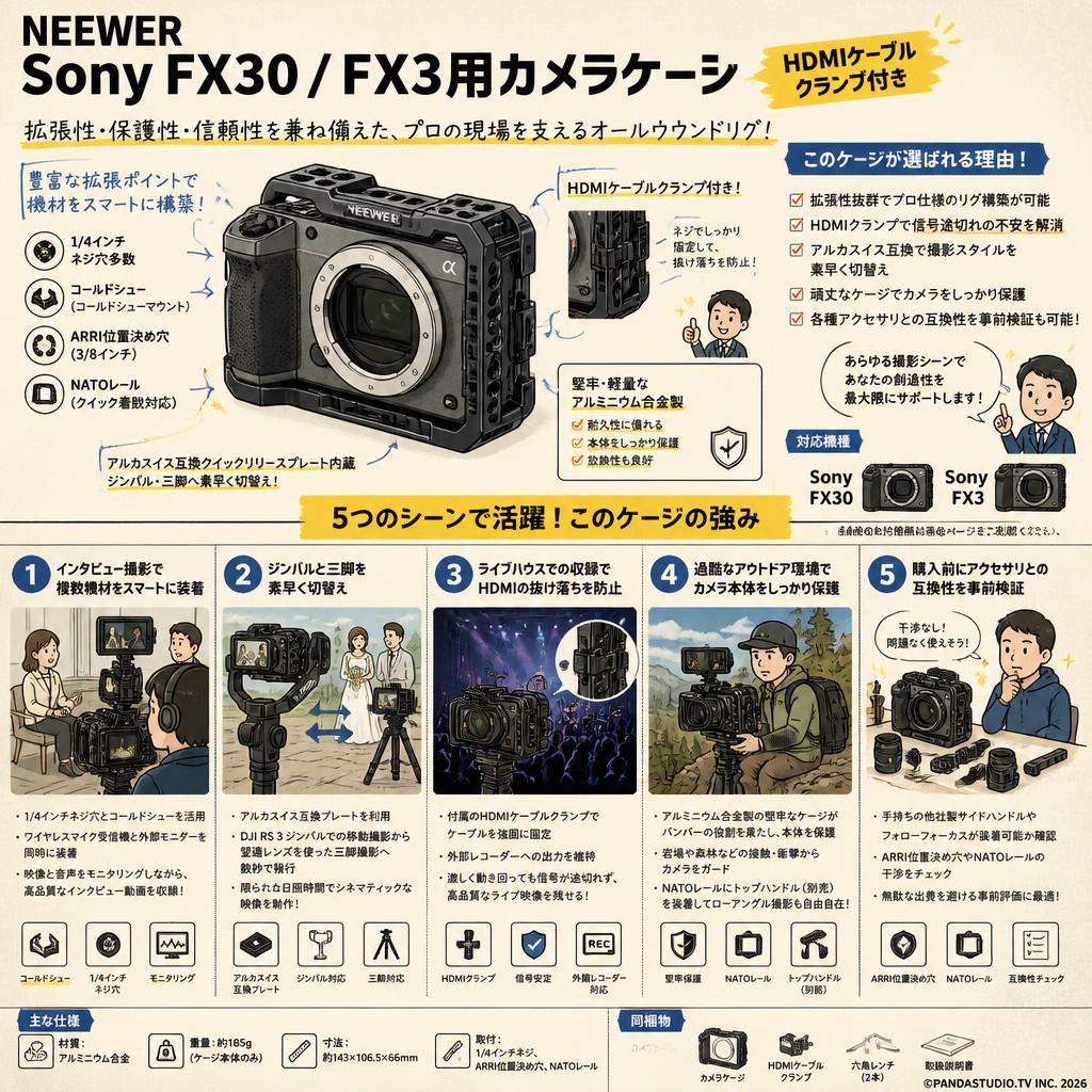 Neewer Sony FX30 / FX3 用カメラケージ HDMIケーブルクランプ付き 用途