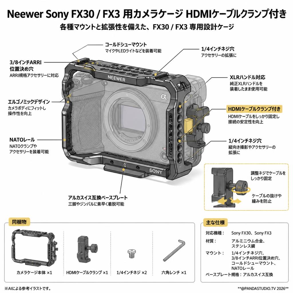 Neewer Sony FX30 / FX3 用カメラケージ HDMIケーブルクランプ付き スペック