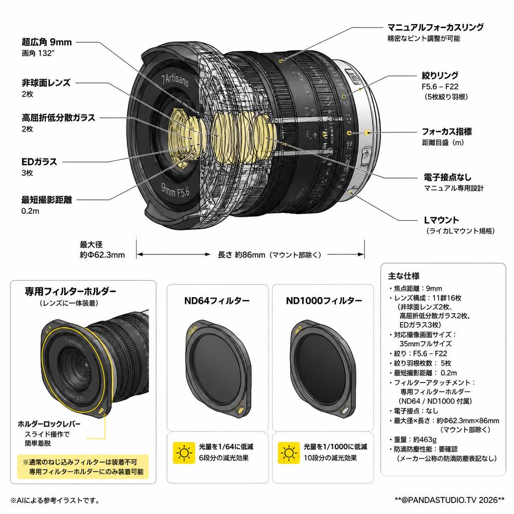 7Artisans 9mm F5.6 ASPH Lマウント + ND64フィルター + ND1000フィルター ブラック スペック