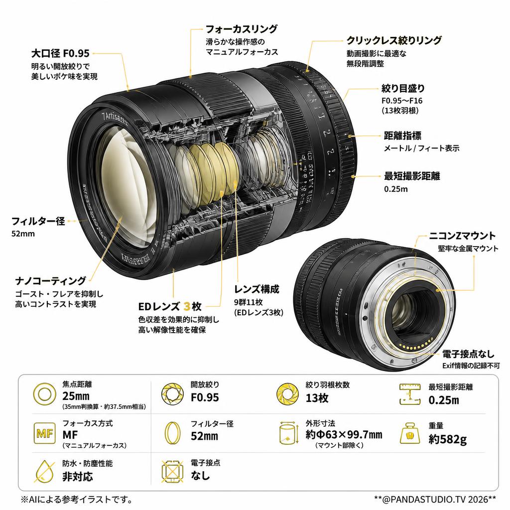 7Artisans 25mm F0.95 ED Zマウント ブラック スペック