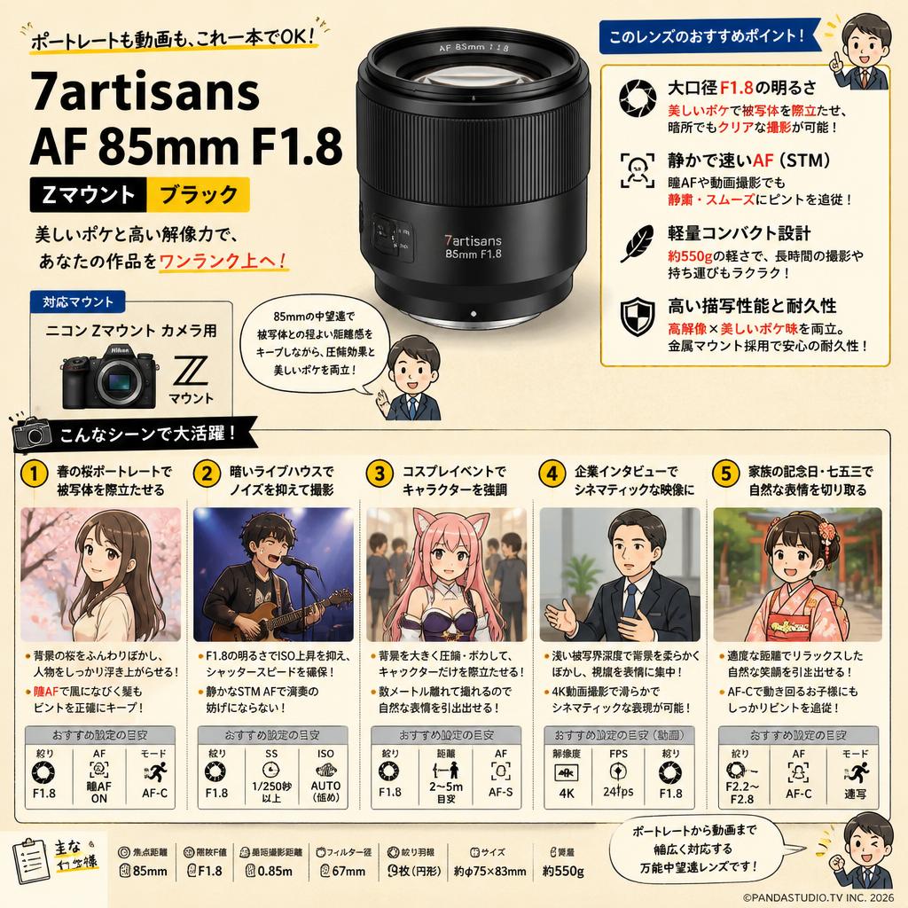 7artisans AF 85mm F1.8 Zマウント ブラック 用途
