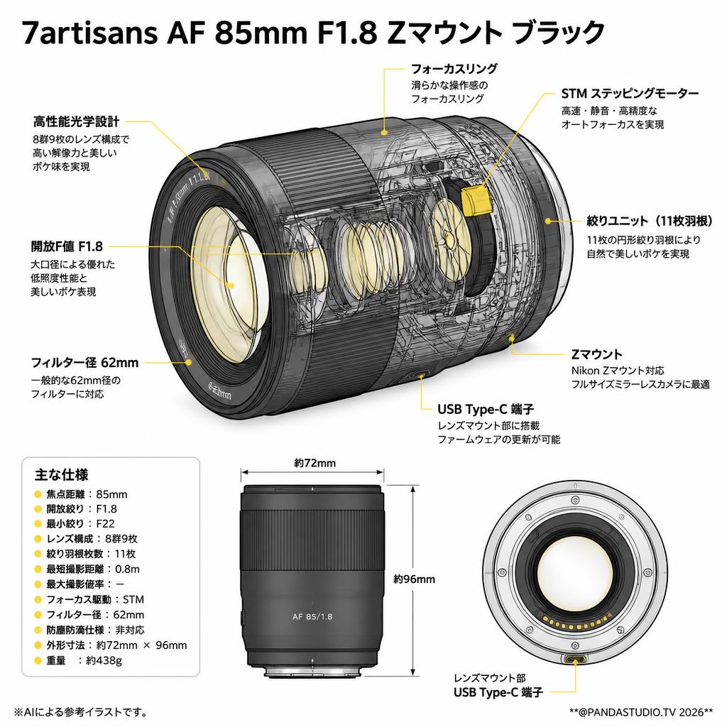7artisans AF 85mm F1.8 Zマウント ブラック スペック