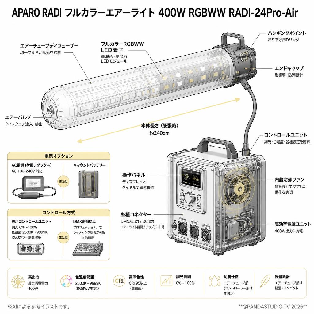 APARO RADI フルカラーエアーライト 400W RGBWW RADI-24Pro-Air【PROKIZAI.COM】 スペック