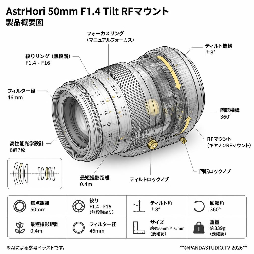 AstrHori 50mm F1.4 Tilt RFマウント スペック