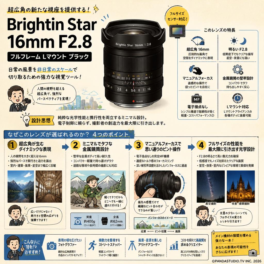 Brightin Star 16mm F2.8 フルフレーム Lマウント ブラック 概要