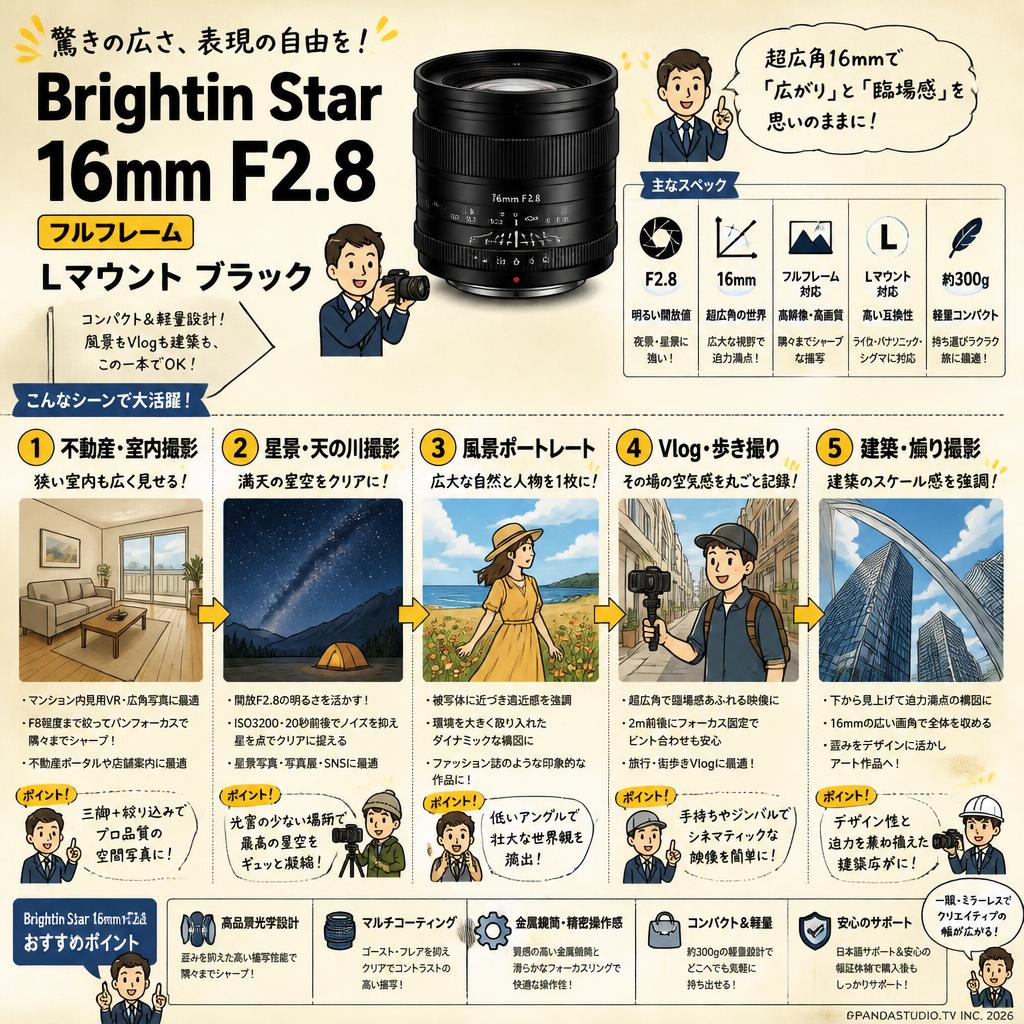 Brightin Star 16mm F2.8 フルフレーム Lマウント ブラック 用途