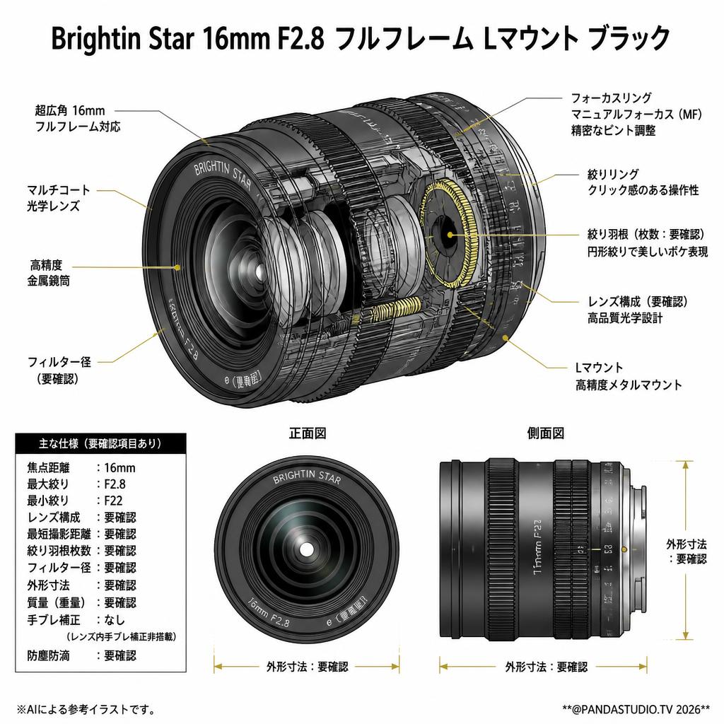 Brightin Star 16mm F2.8 フルフレーム Lマウント ブラック スペック