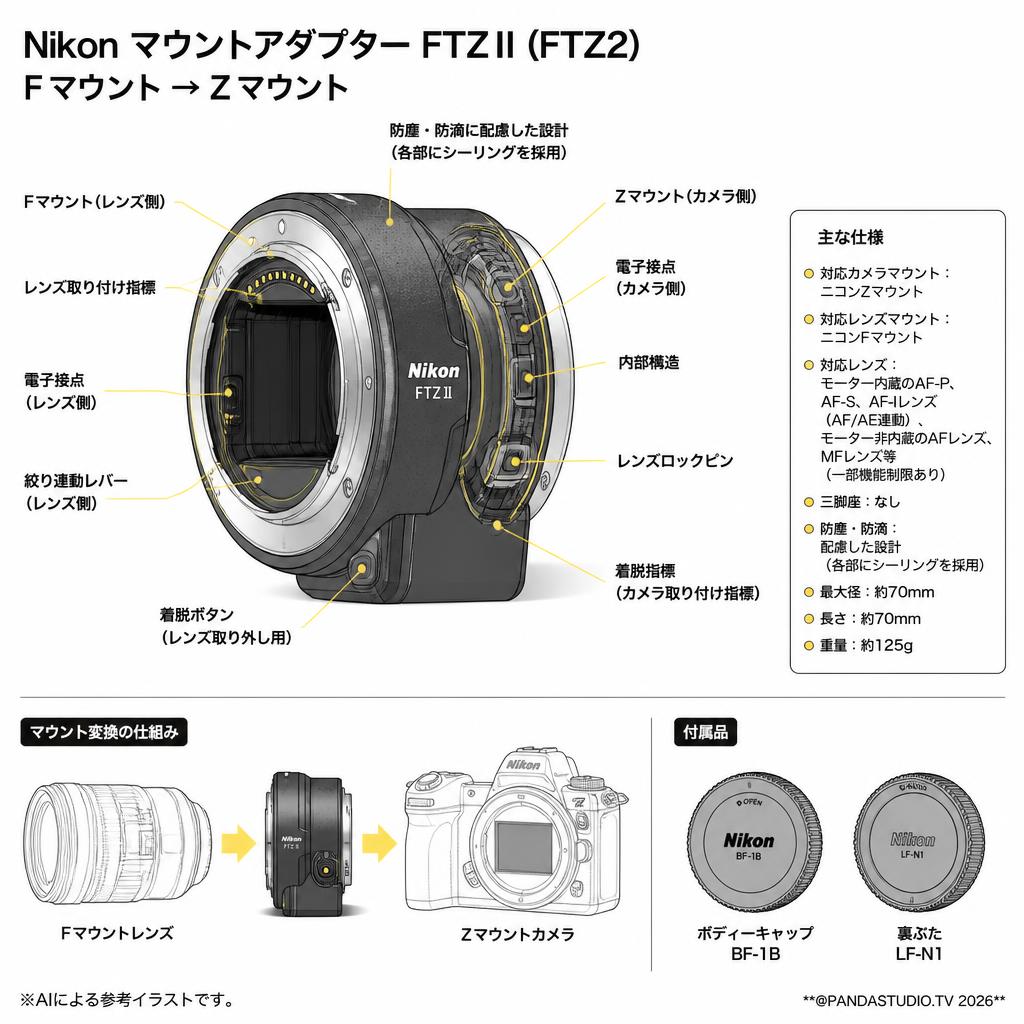 Nikon マウントアダプターFTZⅡ FTZ2 Fマウント→Zマウント スペック
