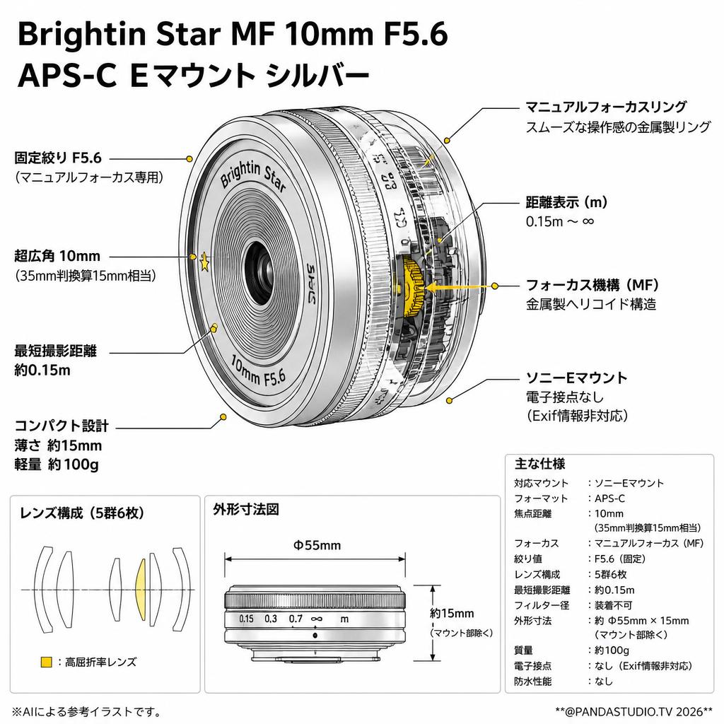 Brightin Star MF 10mm F5.6 APS-C Eマウント シルバー スペック
