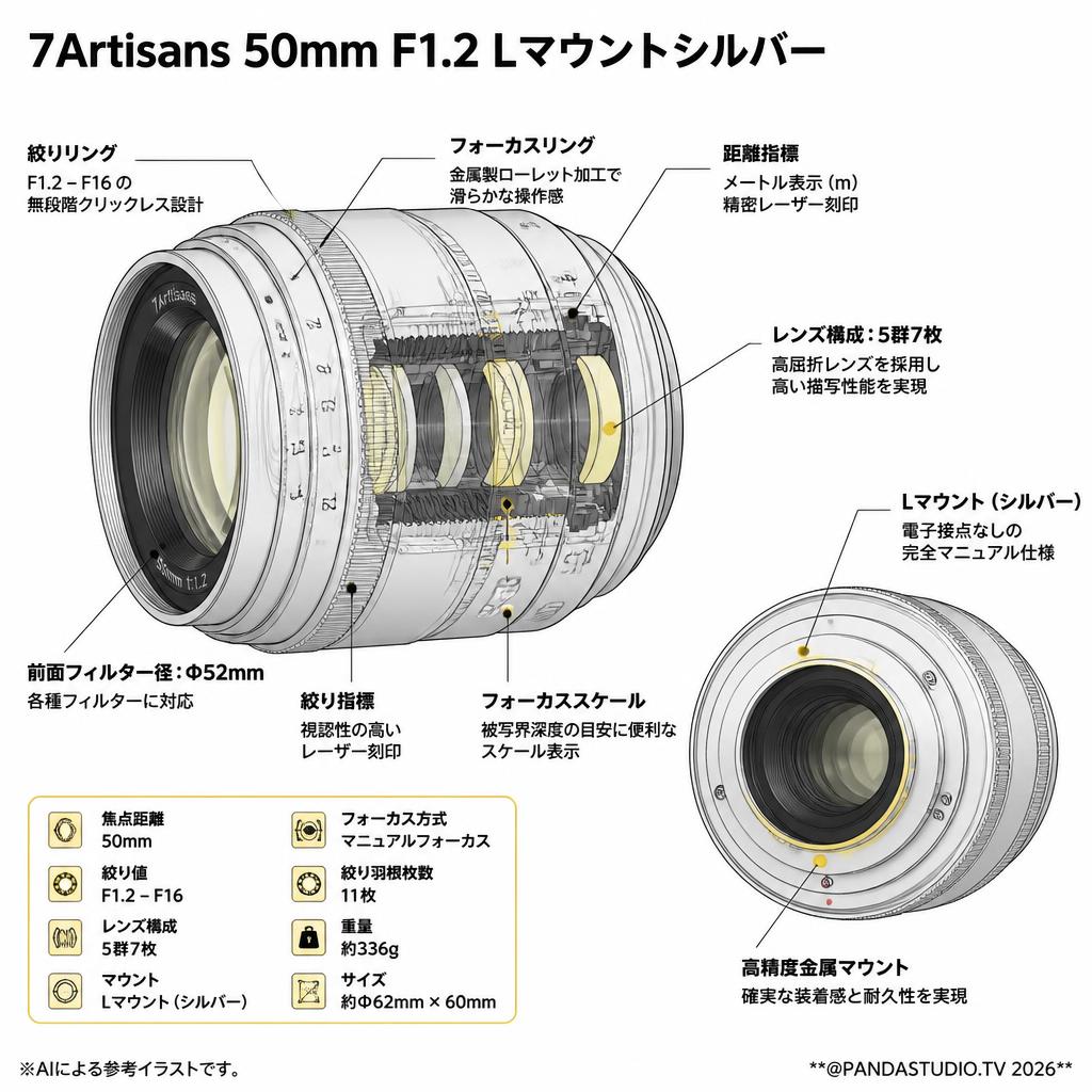 7Artisans 50mm F1.2 Lマウントシルバー スペック