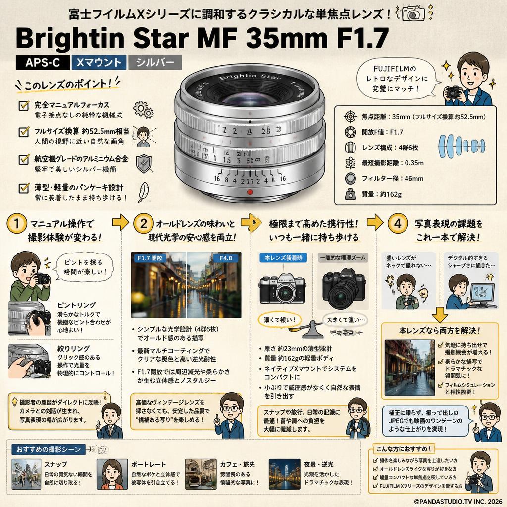 Brightin Star MF 35mm F1.7 APS-C Xマウント シルバー 概要