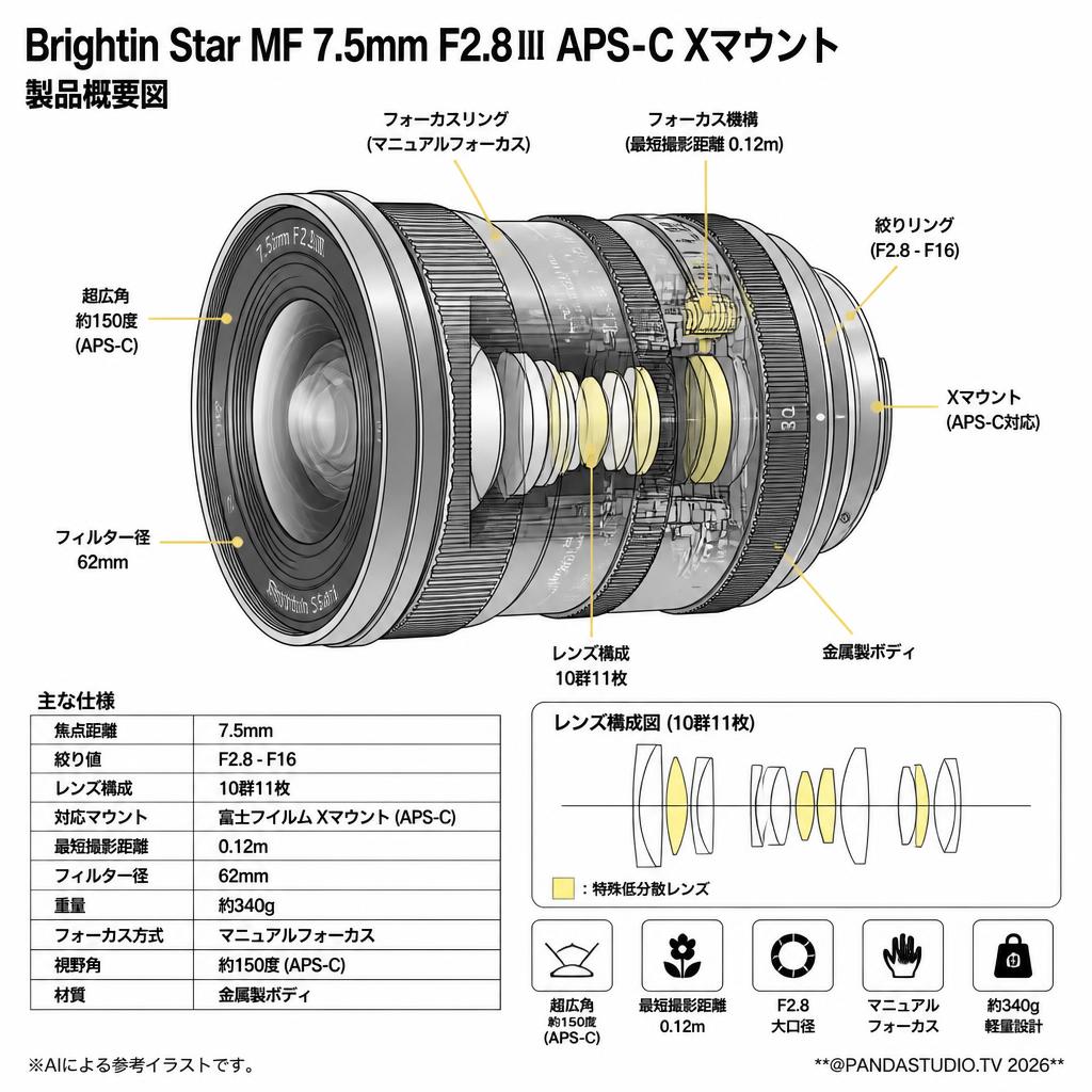 Brightin Star MF 7.5mm F2.8Ⅲ APS-C Xマウント スペック