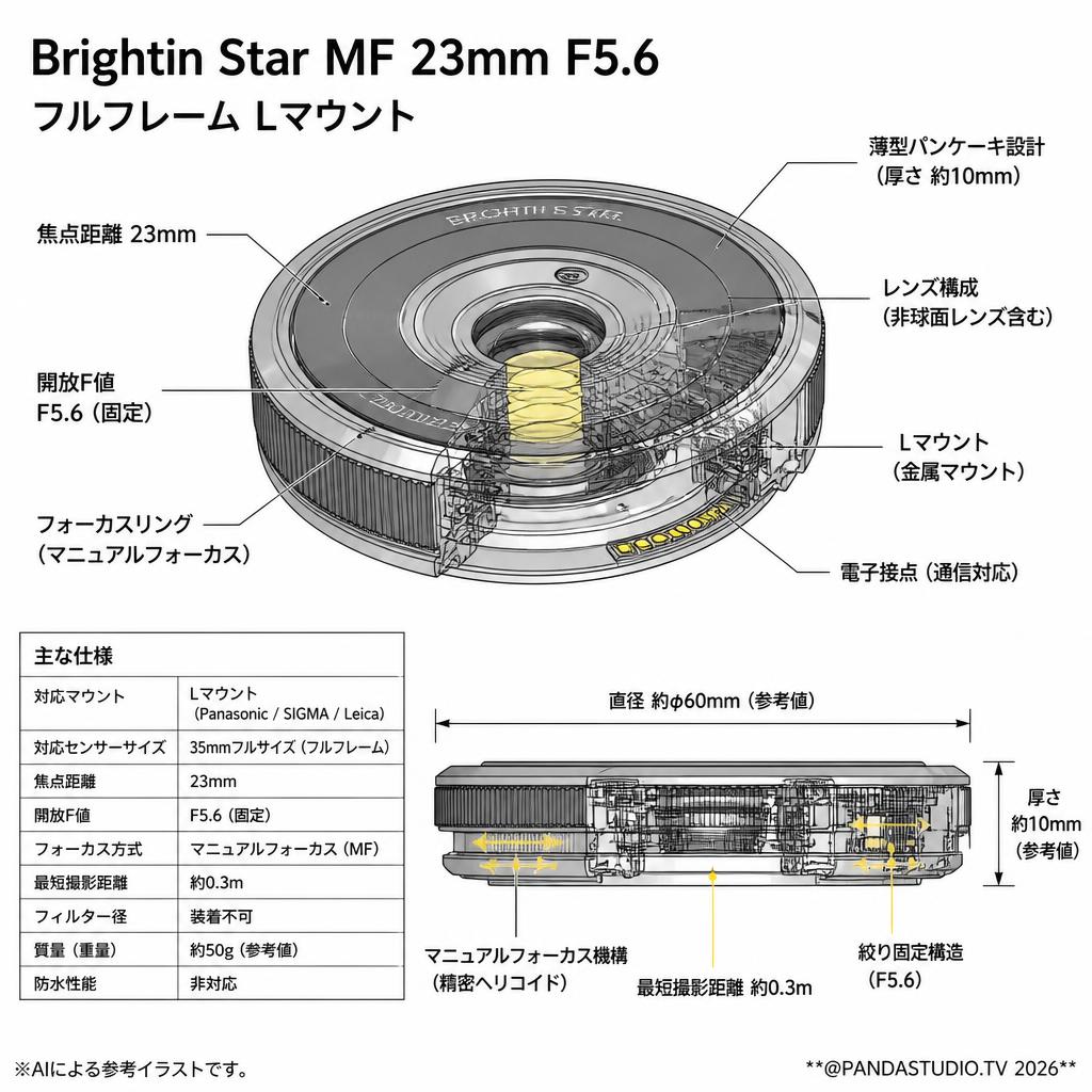 Brightin Star MF 23mm F5.6 フルフレーム Lマウント スペック