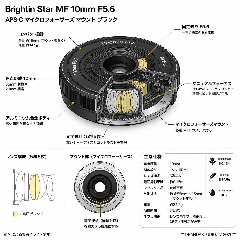 Brightin Star MF 10mm F5.6 APS-C マイクロフォーサーズ マウント ブラック スペック