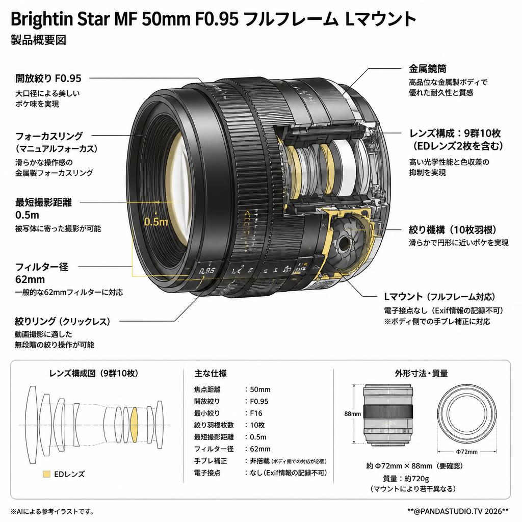 Brightin Star MF 50mm F0.95 フルフレーム Lマウント スペック
