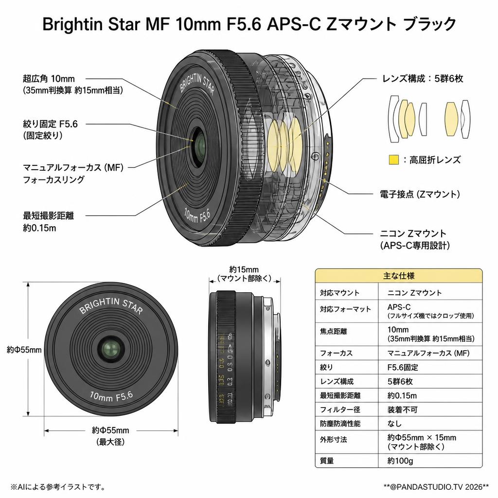 Brightin Star MF 10mm F5.6 APS-C Zマウント ブラック スペック
