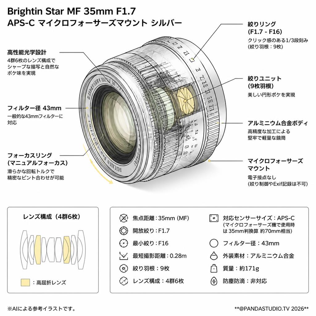 Brightin Star MF 35mm F1.7 APS-C マイクロフォーサーズマウント シルバー スペック