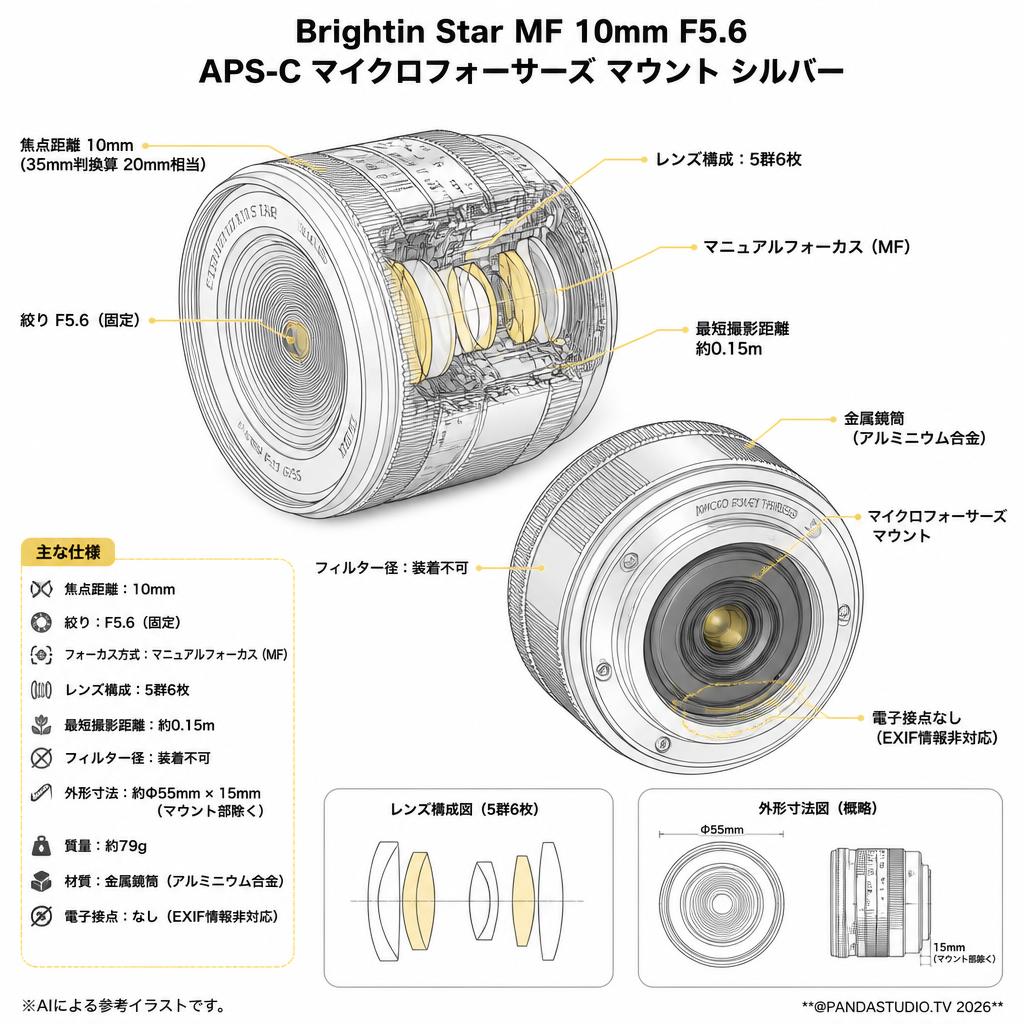 Brightin Star MF 10mm F5.6 APS-C マイクロフォーサーズ マウント シルバー スペック