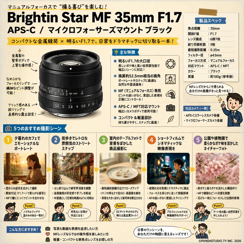 Brightin Star MF 35mm F1.7 APS-C マイクロフォーサーズマウント ブラック 用途