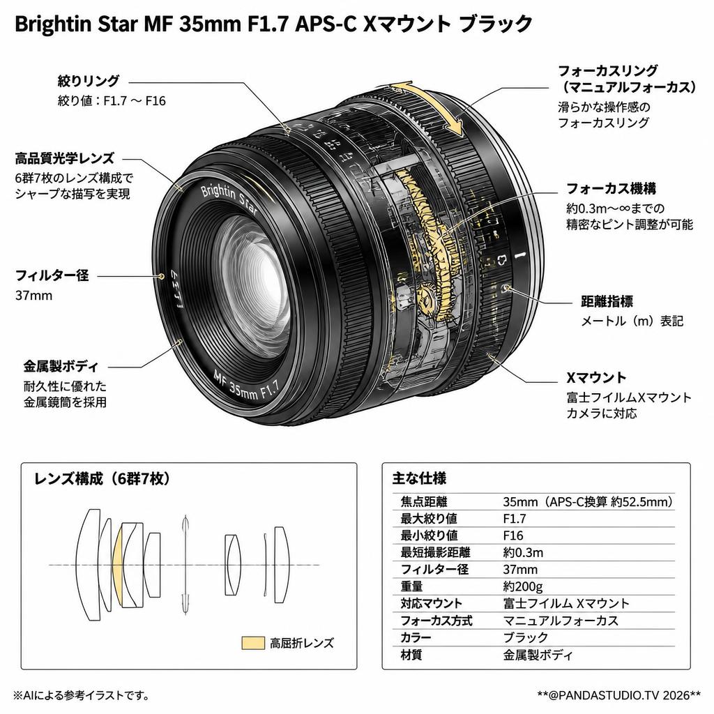 Brightin Star MF 35mm F1.7 APS-C Xマウント ブラック スペック