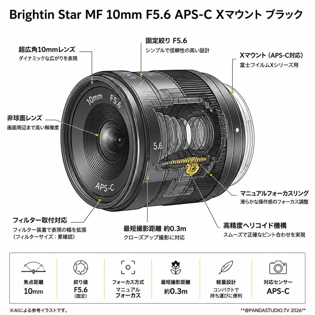 Brightin Star MF 10mm F5.6 APS-C Xマウント ブラック スペック