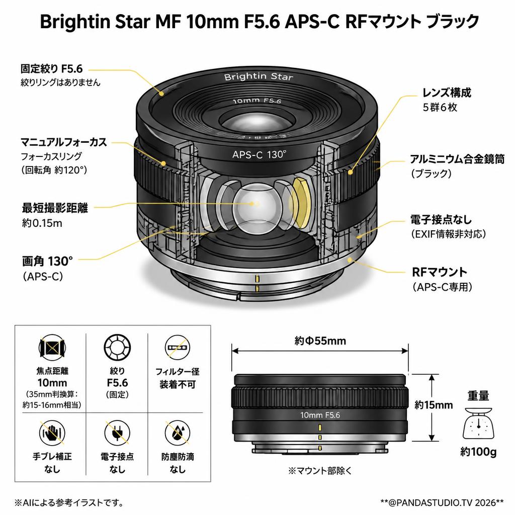 Brightin Star MF 10mm F5.6 APS-C RFマウント ブラック スペック