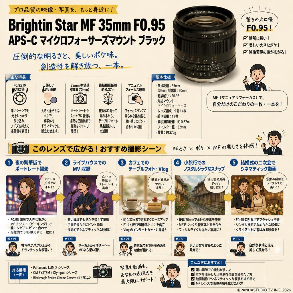 Brightin Star MF 35mm F0.95 APS-C マイクロフォーサーズマウント ブラック 用途