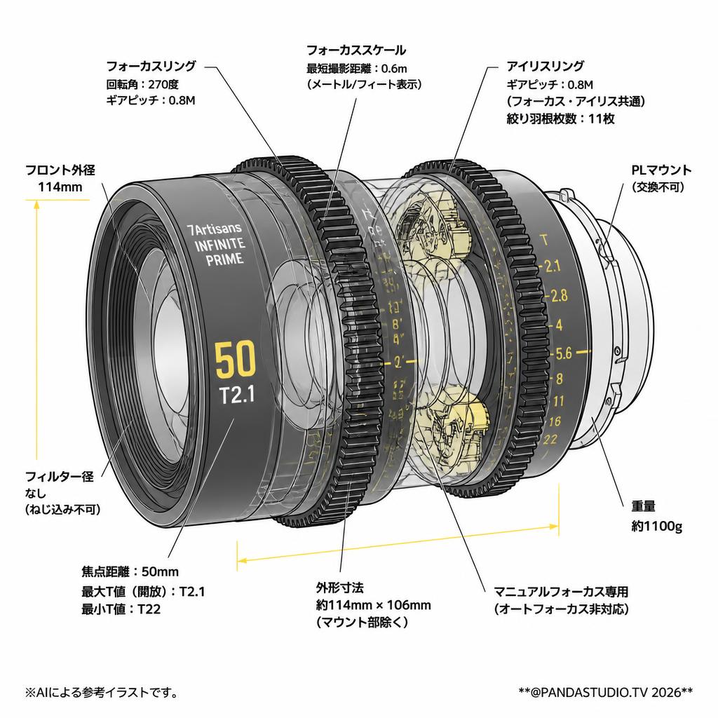 7Artisans INFINTE Prime Cine 50mm T2.1 PLマウント スペック