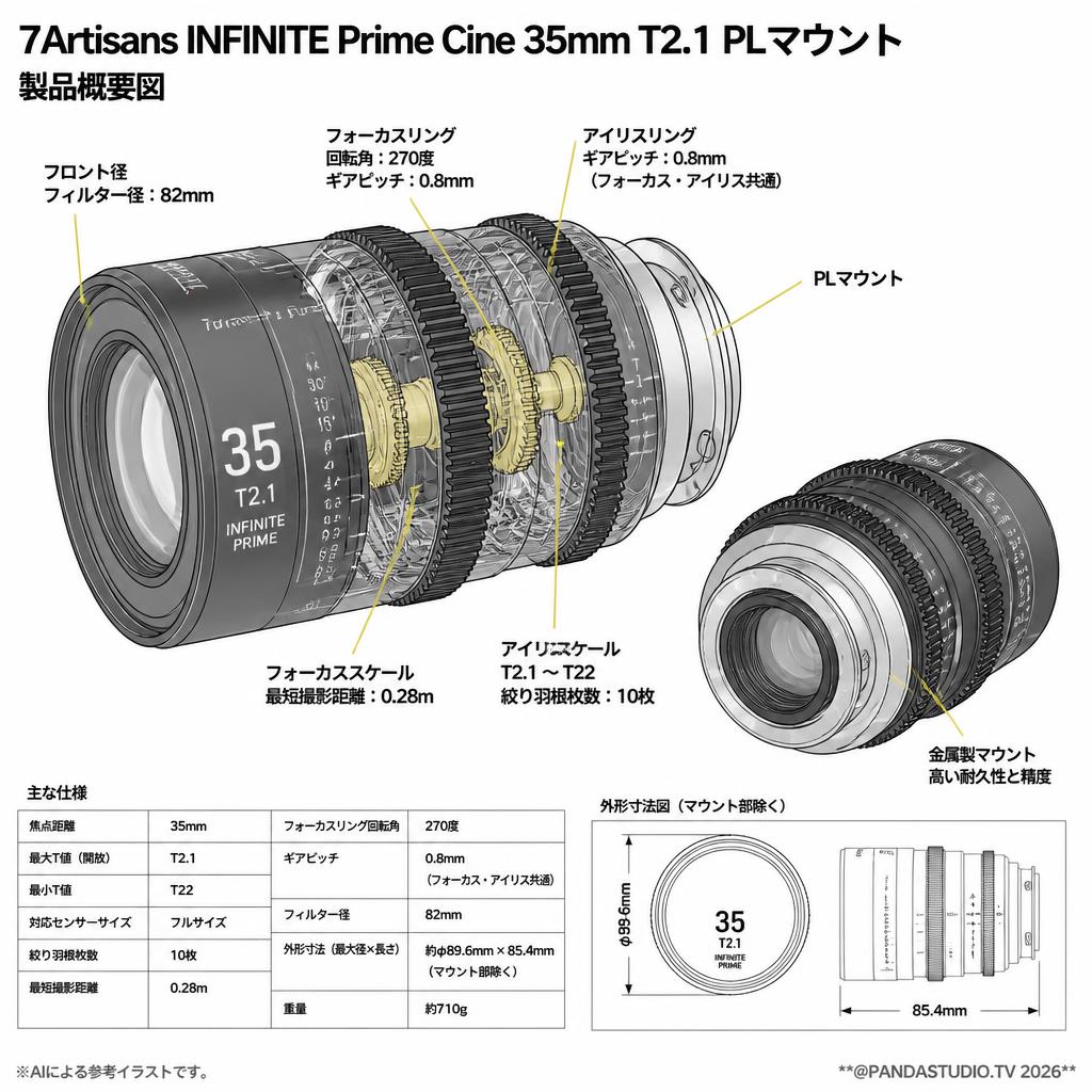 7Artisans INFINTE Prime Cine 35mm T2.1 PLマウント スペック