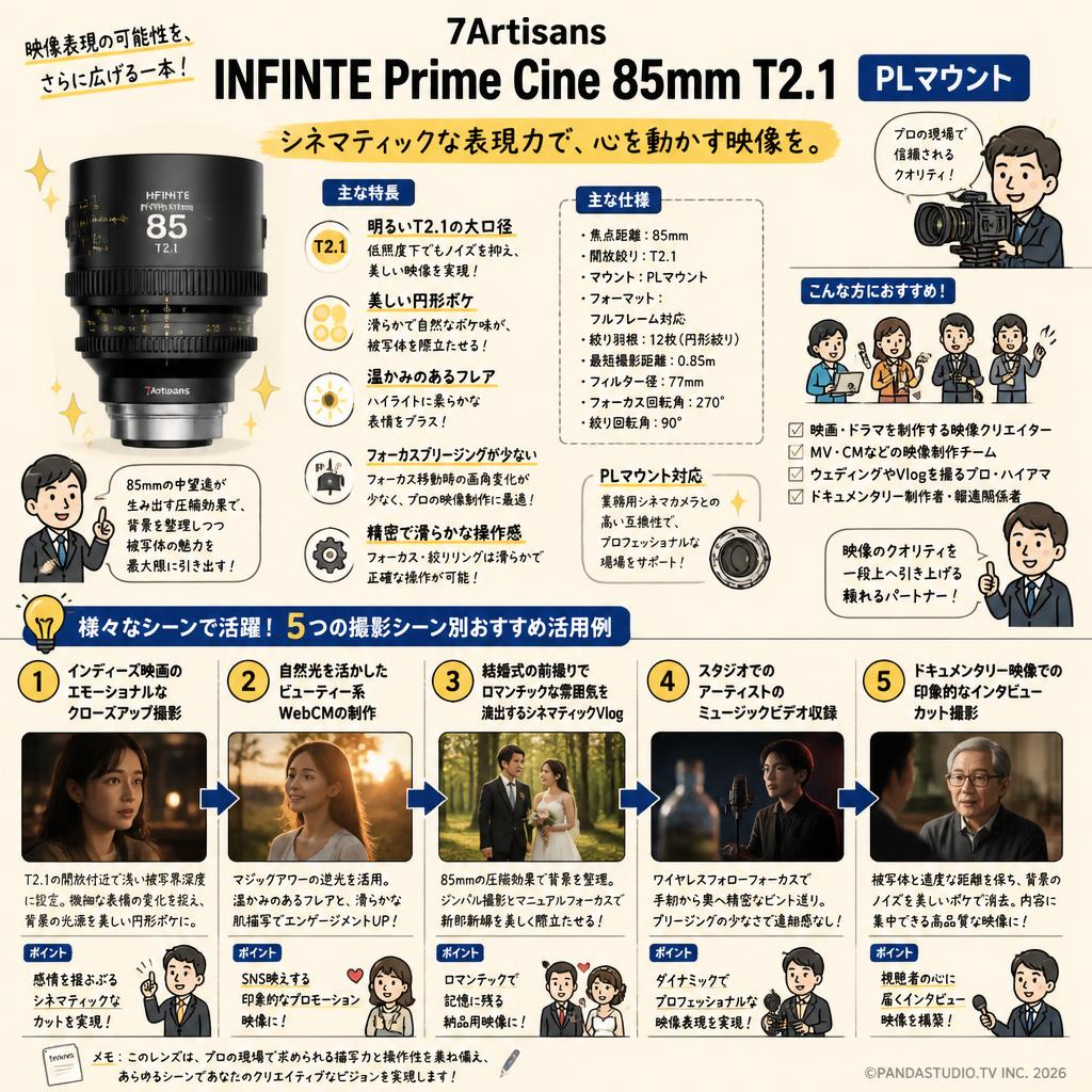 7Artisans INFINTE Prime Cine 85mm T2.1 PLマウント 用途