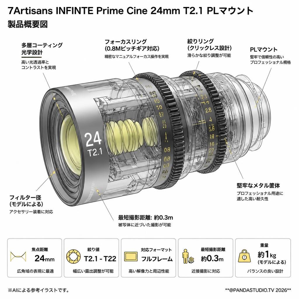 7Artisans INFINTE Prime Cine 24mm T2.1 PLマウント スペック
