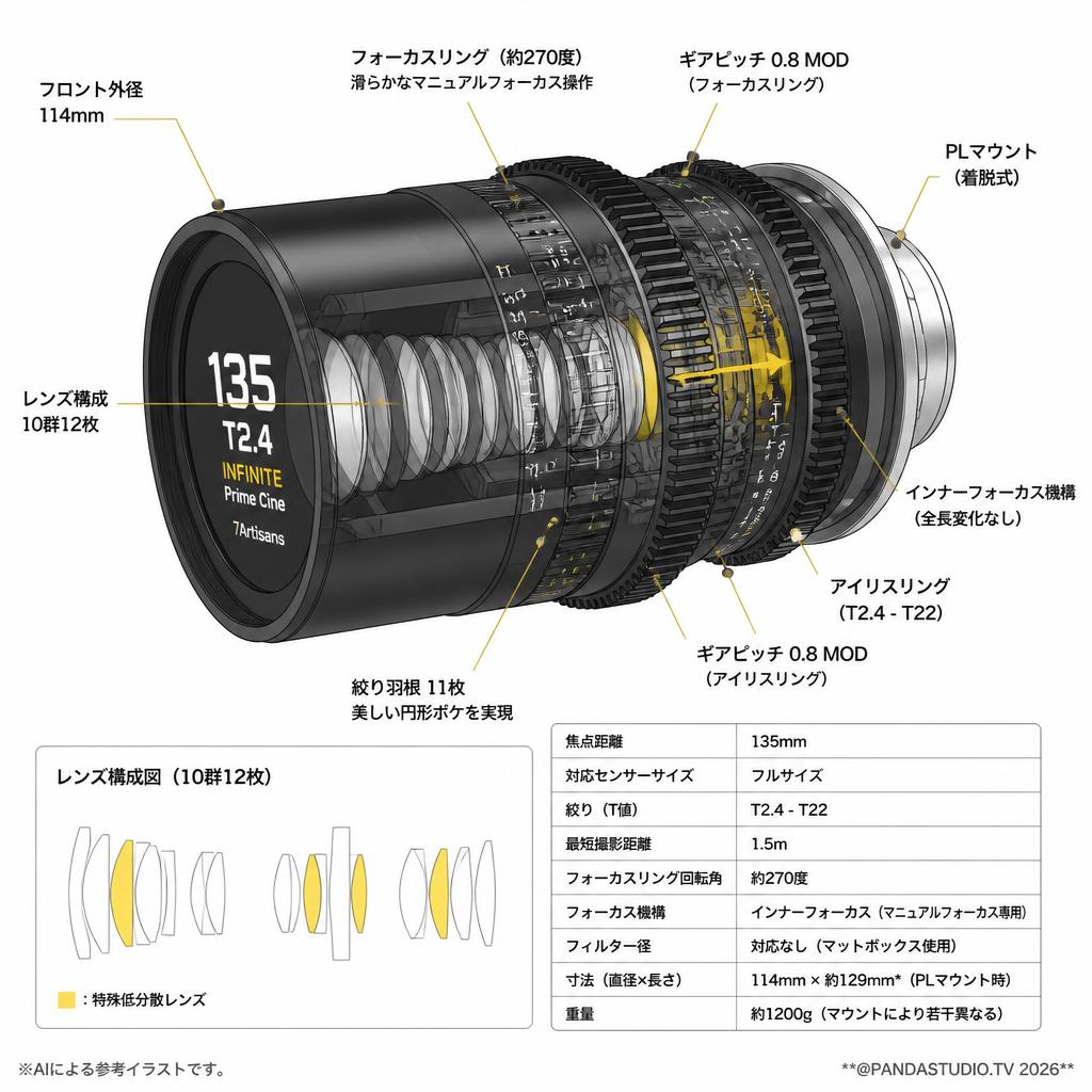 7Artisans INFINTE Prime Cine 135mm T2.4 PLマウント スペック