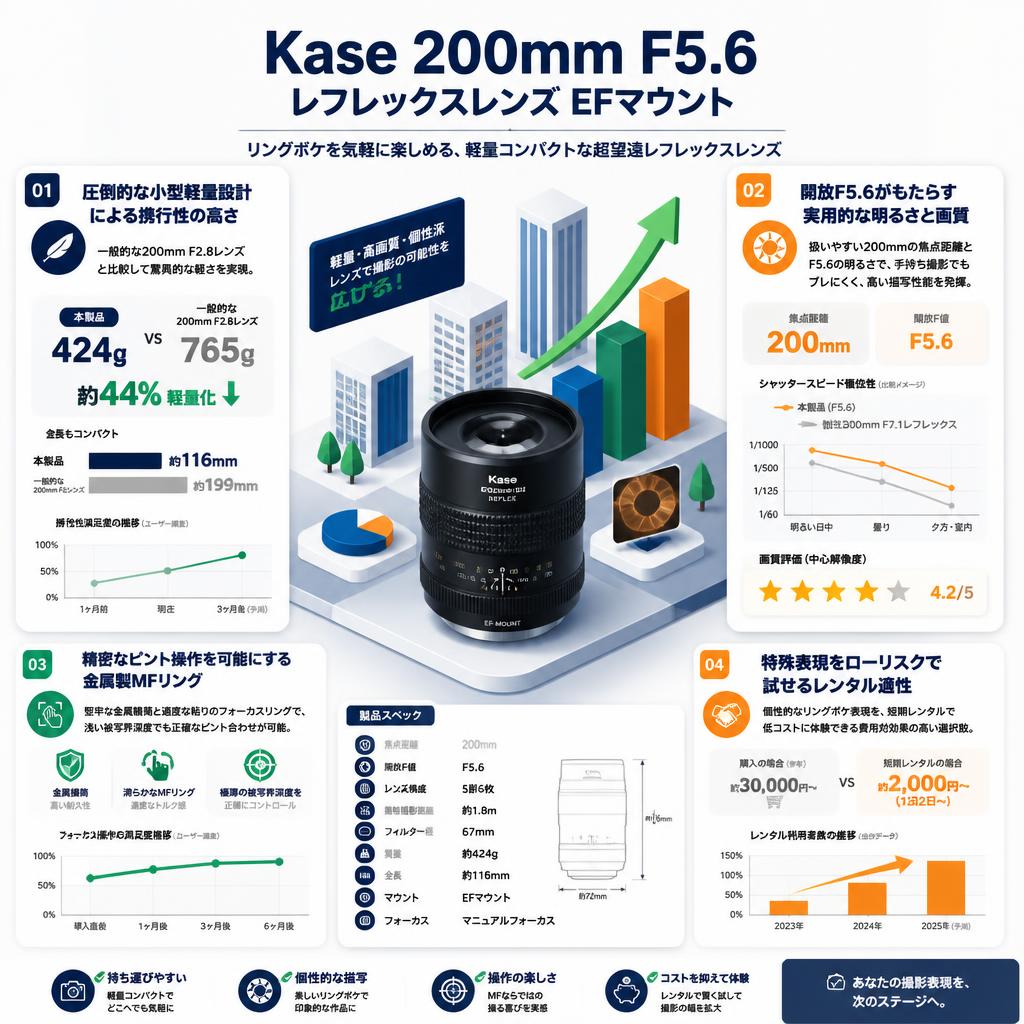 Kase 200mm F5.6 レフレックスレンズ EFマウント セールスポイント