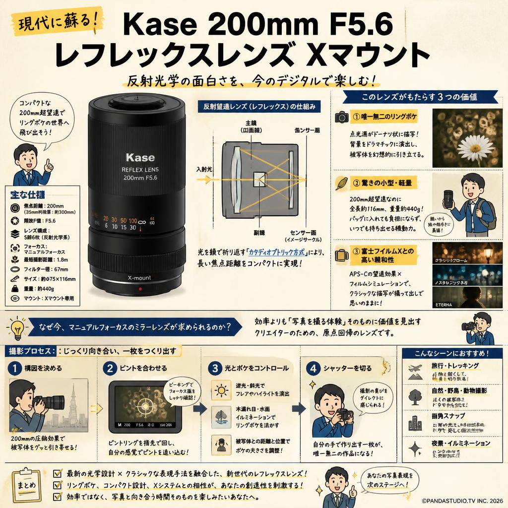 Kase 200mm F5.6 レフレックスレンズ Xマウント 概要