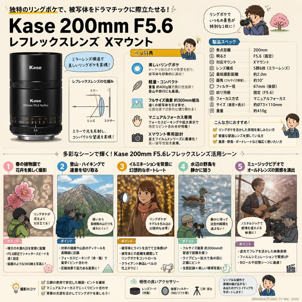 Kase 200mm F5.6 レフレックスレンズ Xマウント 用途