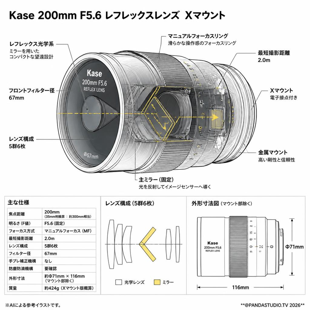 Kase 200mm F5.6 レフレックスレンズ Xマウント スペック