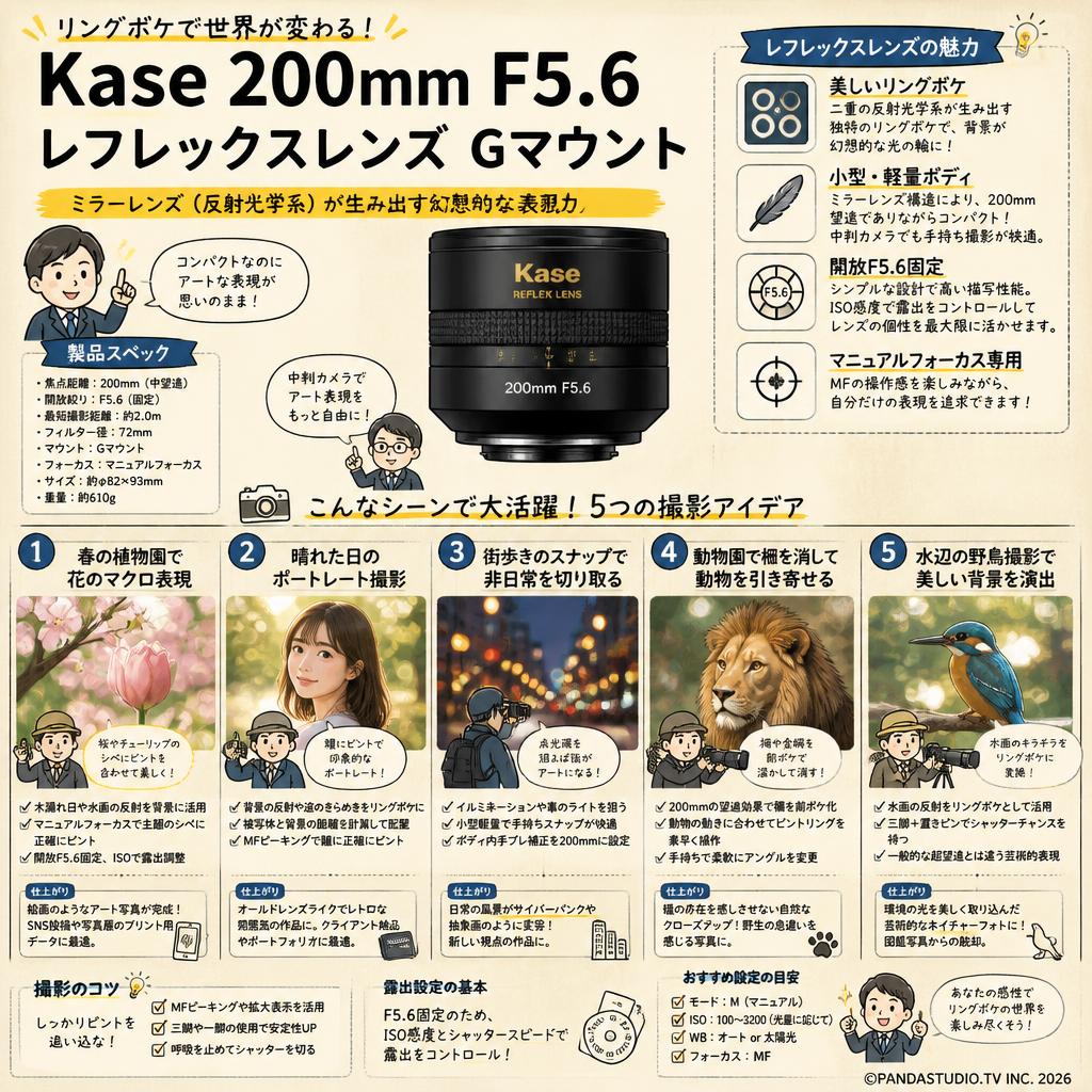 Kase 200mm F5.6 レフレックスレンズ Gマウント 用途