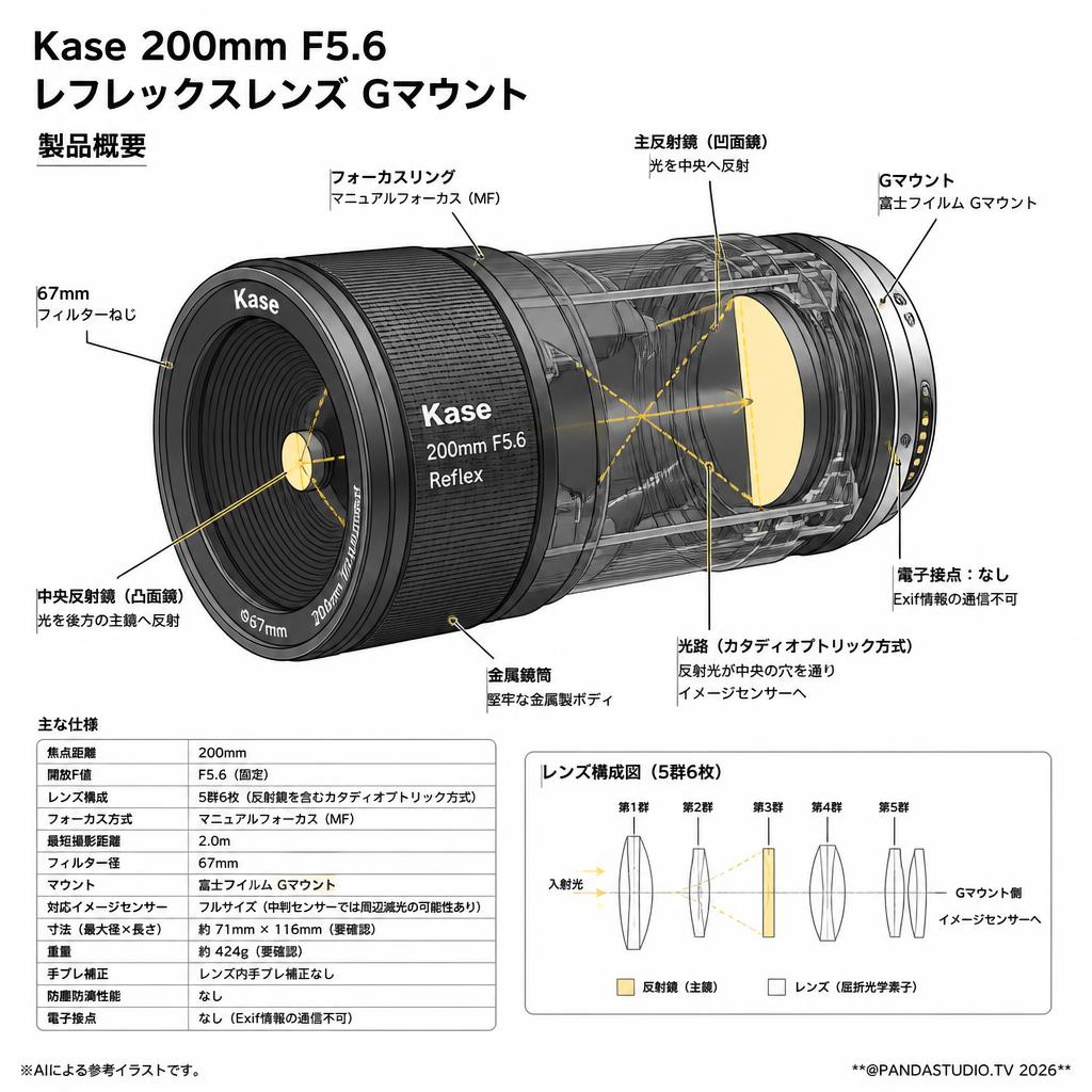 Kase 200mm F5.6 レフレックスレンズ Gマウント スペック