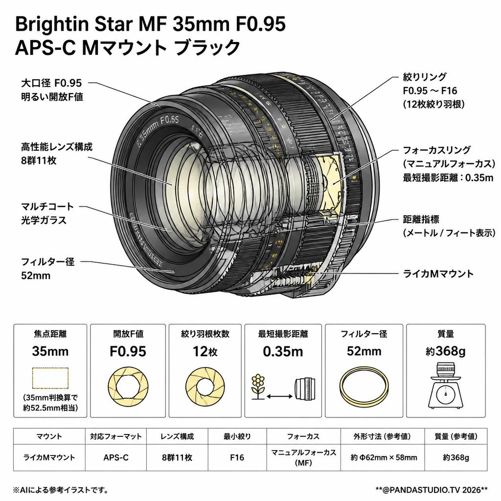 Brightin Star MF 35mm F0.95 APS-C Mマウント ブラック スペック