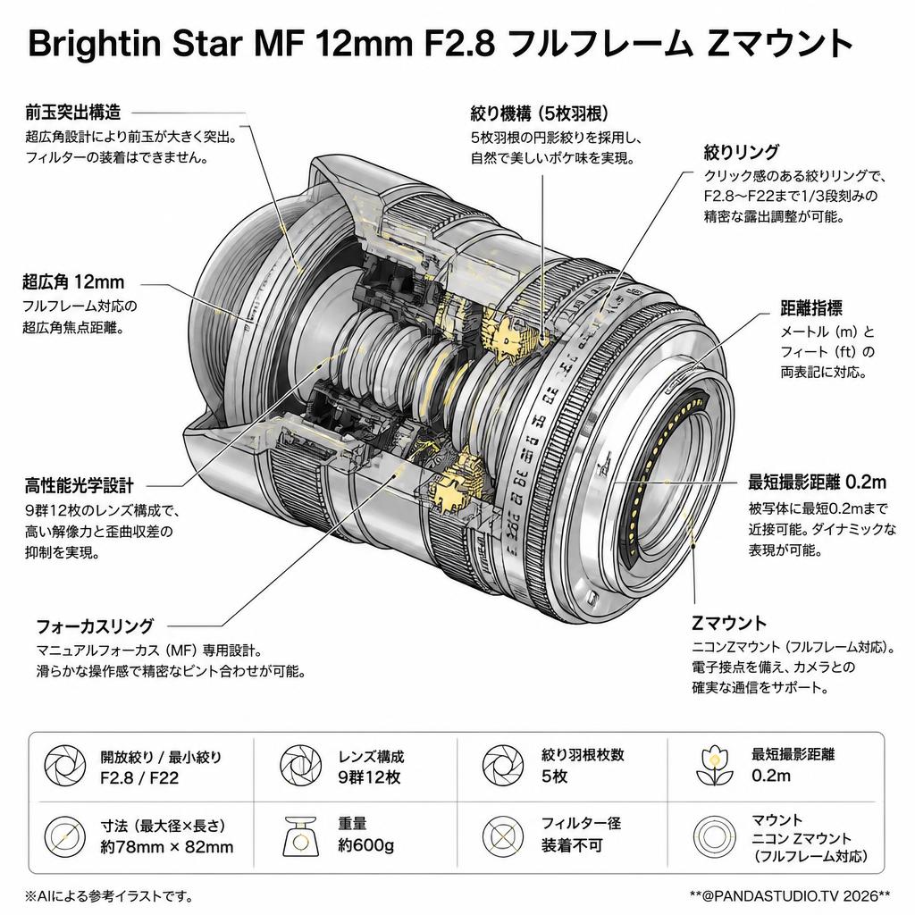 Brightin Star MF 12mm F2.8 フルフレーム Zマウント スペック