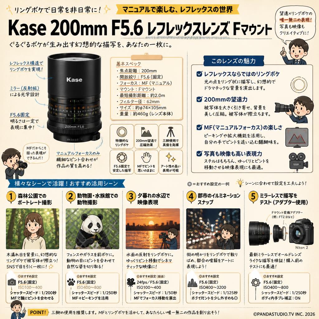 Kase 200mm F5.6 レフレックスレンズ Fマウント 用途