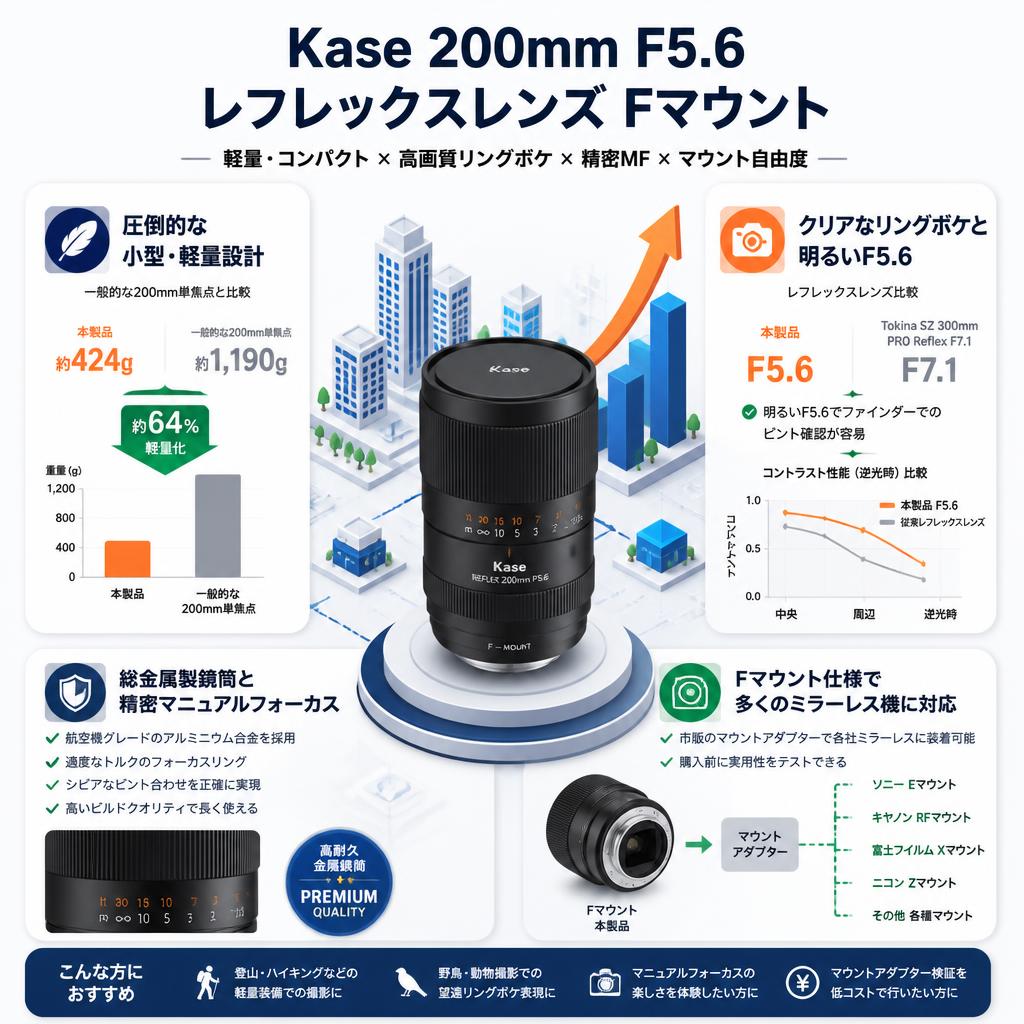 Kase 200mm F5.6 レフレックスレンズ Fマウント セールスポイント