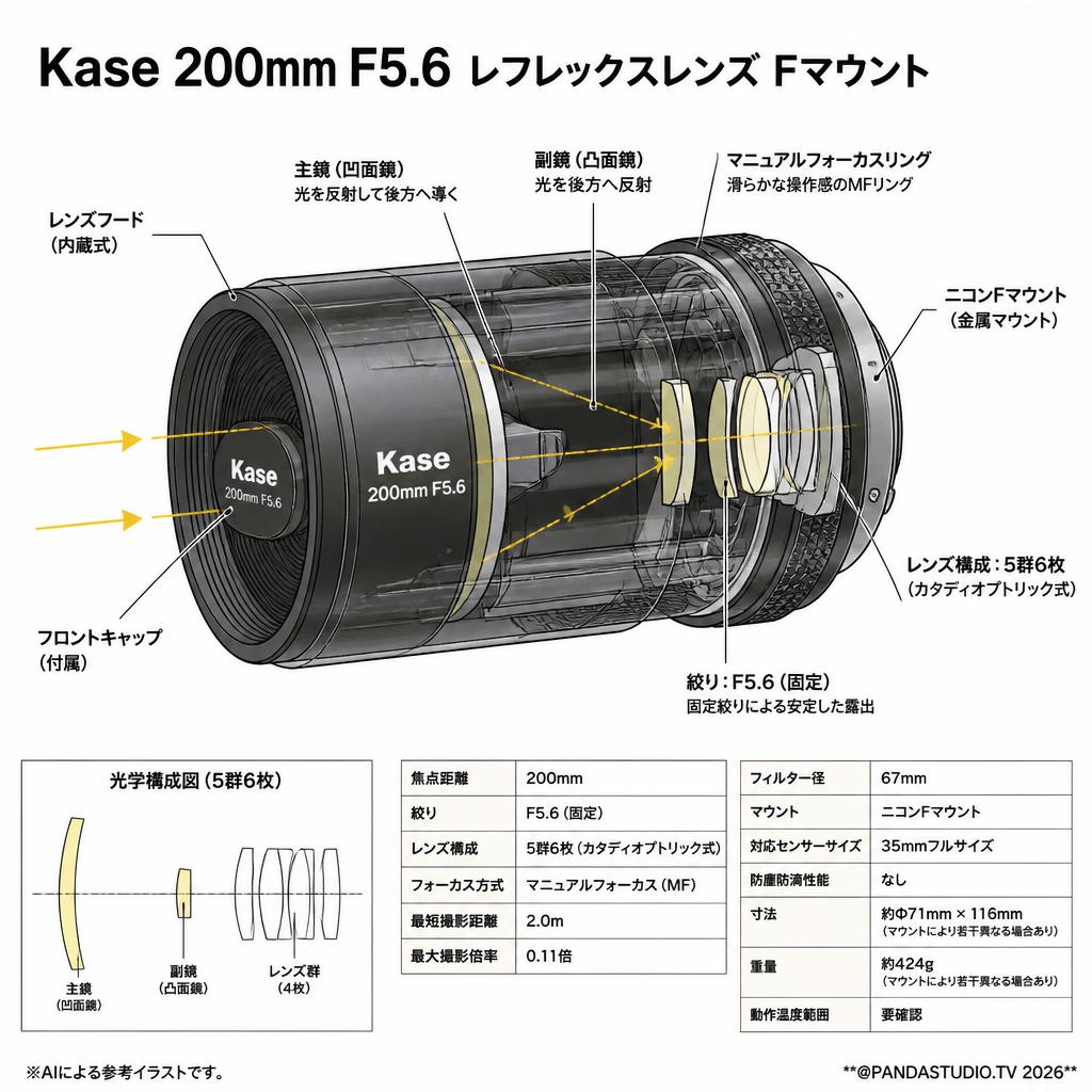 Kase 200mm F5.6 レフレックスレンズ Fマウント スペック