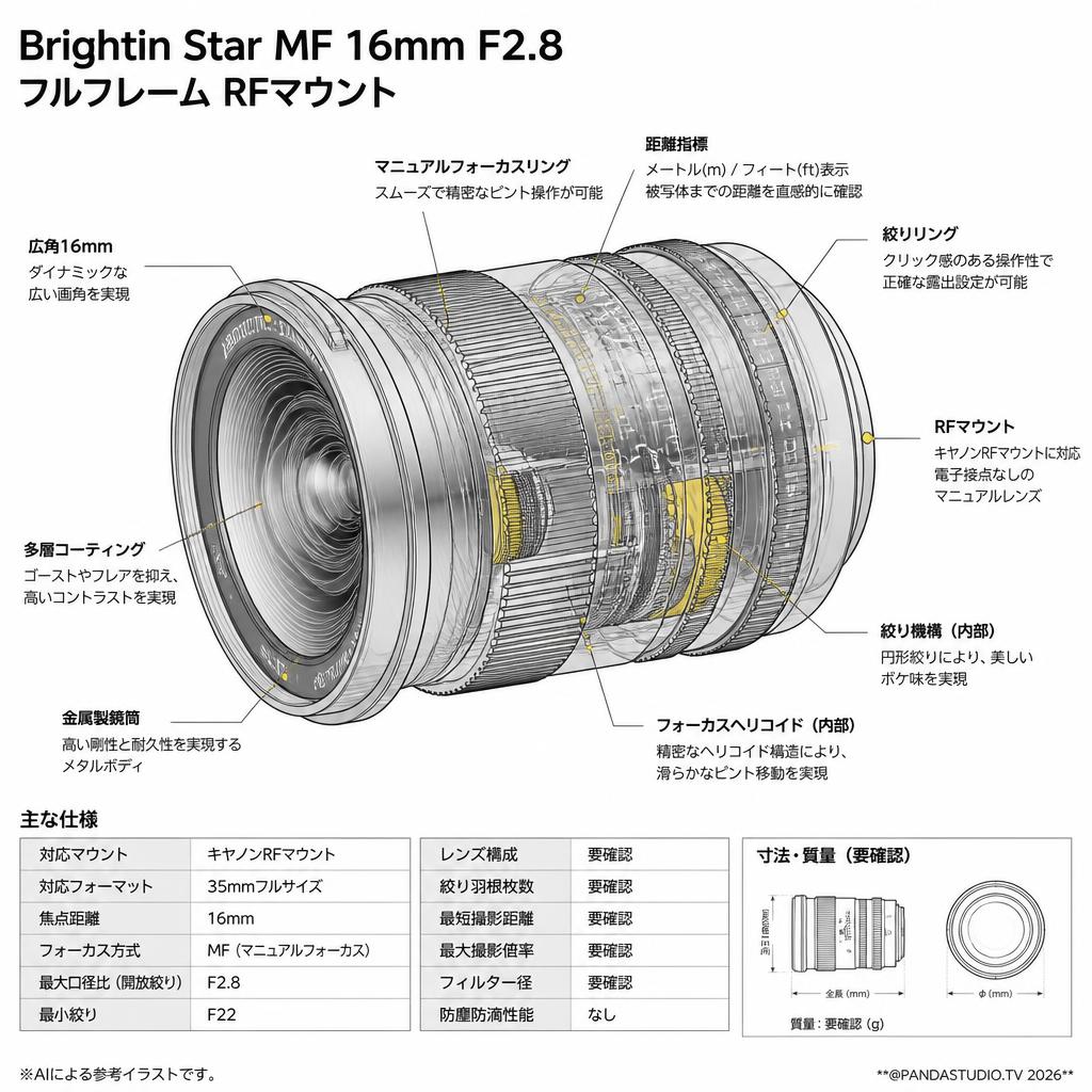Brightin Star MF 16mm F2.8 フルフレーム RFマウント スペック