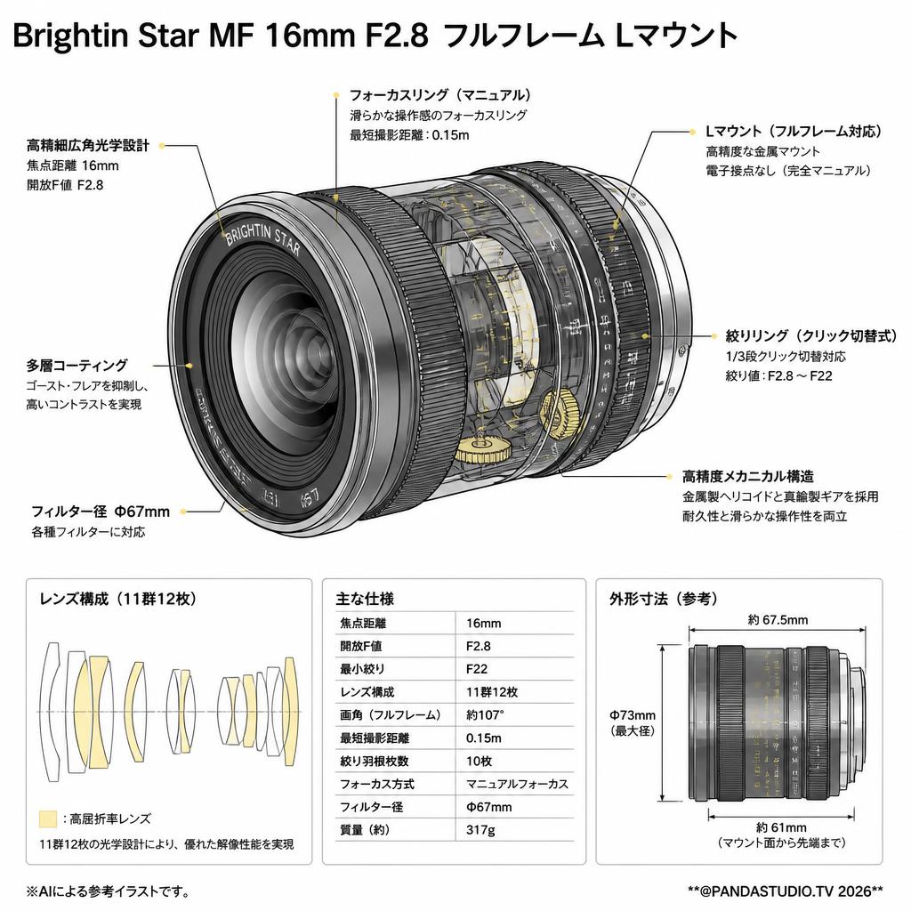 Brightin Star MF 16mm F2.8 フルフレーム Lマウント スペック