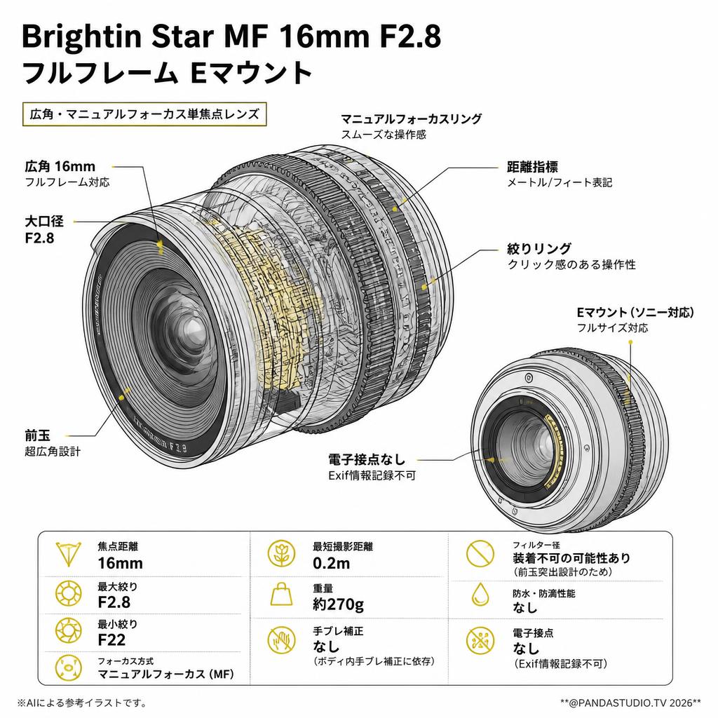 Brightin Star MF 16mm F2.8 フルフレーム Eマウント スペック