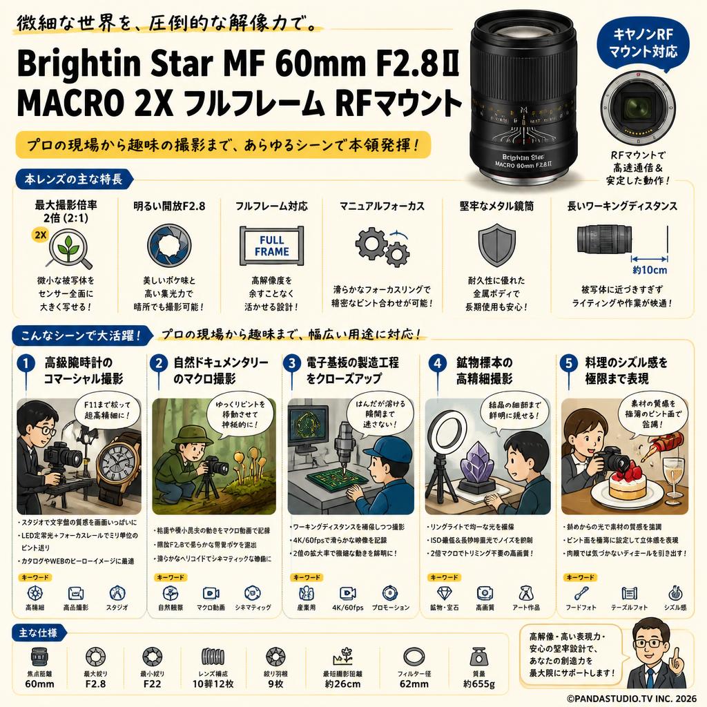 Brightin Star MF 60mm F2.8Ⅱ MACRO 2X フルフレーム  RFマウント 用途